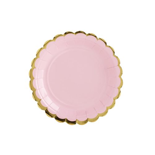 PAPÍR TÁNYÉR, VILÁGOS PINK, ARANY SZEGÉLLYEL, 18 CM, 6DB