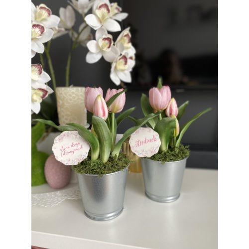 Anyák napi PRÉMIUM szilikon tulipán, fém kaspóban 22 cm