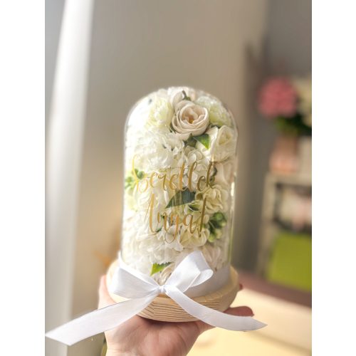 Üvegbúra Selyemvirágokkal, egyedi felirattal, 20 cm