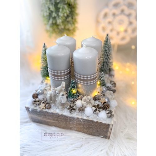 Szürke-fehér őzikés szögletes adventi tál/koszorú 20x20x23cm