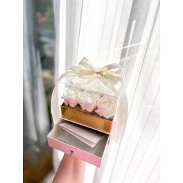   Szappanrózsa box, prémium akril dobozban - plexi táblával és fiókkal - SZÜLŐKÖSZÖNTŐ AJÁNDÉK