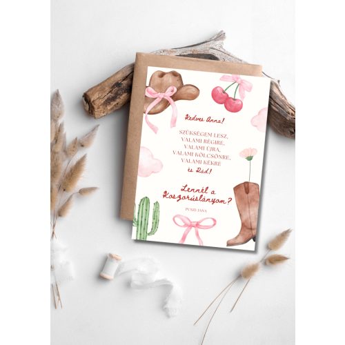 “Cow Girl” Tanú vagy Koszorúslány felkérő kártya + boríték A6