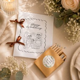   Köszönetajándék - Happy Wedding, Esküvői gyerek színező + ceruza szett