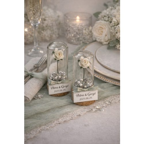 Mini üvegbúra, rózsával - egyedi felirattal KÖSZÖNETAJÁNDÉK