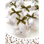 Cukrozott mandula organza tasakban, egyedi felirattal, masnival - köszönetajándék 