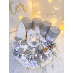 Ezüst-fehér LED házikós, libikókázós gyerekekkel - adventi koszorú 24 cm