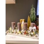 Fehér-barna őzikés LED-es fa tálcás adventi koszorú 40 cm