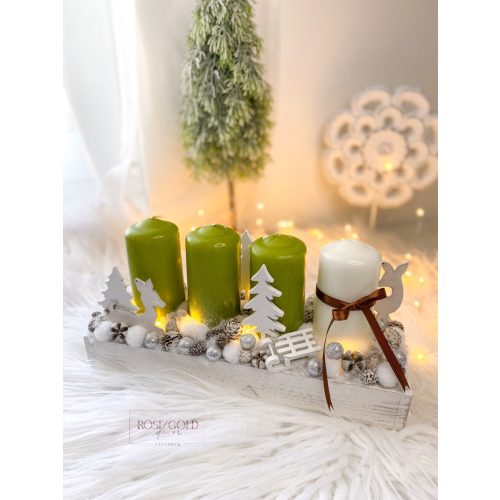 Hosszúkás zöld-fehér bambis adventi tál/koszorú 25 cm