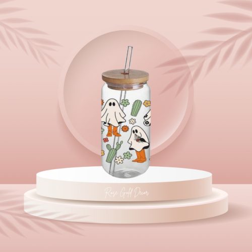 Halloween szellemes szívószálas pohár, fa tetővel (COW BOY)