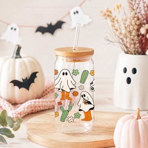 COW BOY - Halloween szellemes szívószálas pohár, fa tetővel, 200 ml