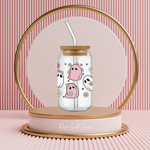 Halloween szellemes szívószálas pohár, fa tetővel (RÓZSASZÍN VIRÁGOS)