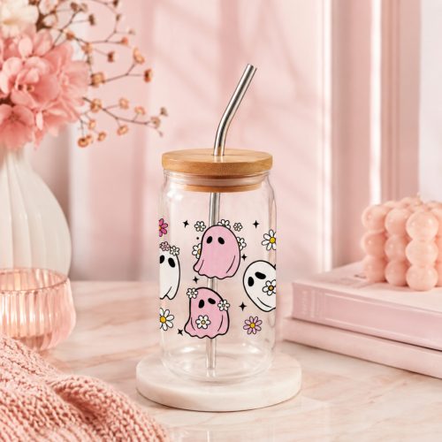 RÓZSASZÍN SZELLEMES - Halloween szellemes szívószálas pohár, fa tetővel, 200 ml