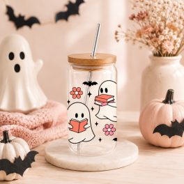   KÖNYVMOLY/SULIS - Halloween szellemes szívószálas pohár, fa tetővel, 200 ml