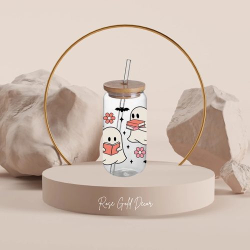 Halloween szellemes szívószálas pohár, fa tetővel (KÖNYVMOLY)