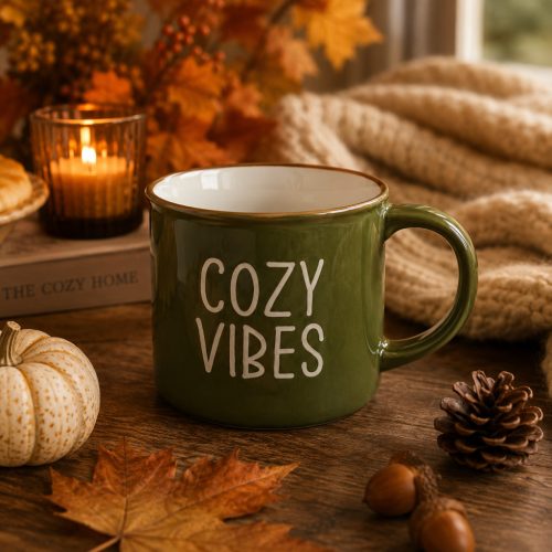 COZY VIBES zöld kerámia bögre 10x9,5 cm