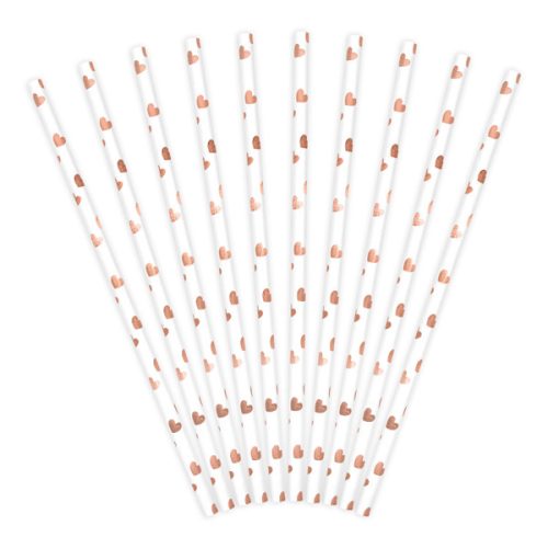 SZÍVÓSZÁL PAPÍRBÓL, ROSE-GOLD SZÍVECSKÉS, 10 DB/ CSOMAG