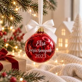   CHRISTMAS RED / KARÁCSONYI PIROS - Karácsonyi gömb (névre szóló, egyedi felirattal) 8 CM
