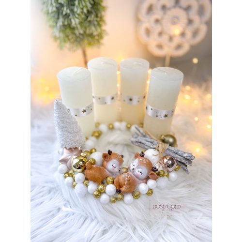 Műszőrme alapon, Bambis adventi koszorú 24 cm - fehér-arany-rosegold
