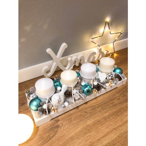 Madárkás fehér-türkizkék adventi koszorú / tál 30 cm