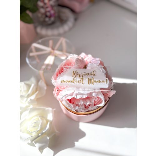 Rózsaszín elegáns akril virág box - plexi felirattal 15 cm - SZÜLŐKÖSZÖNTŐ AJÁNDÉK 